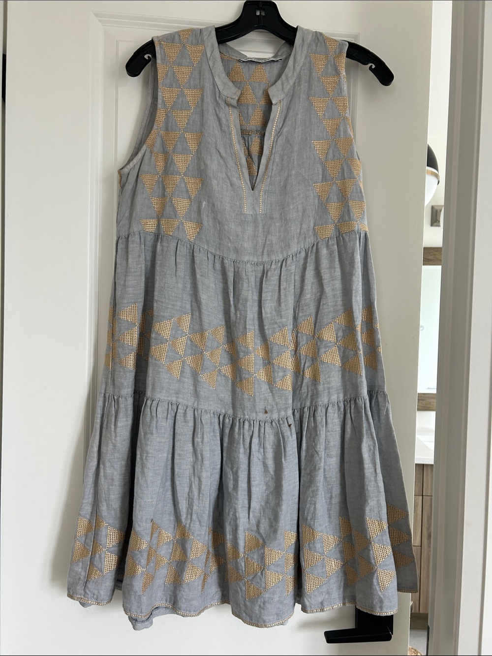 Sleeveless Gray Cotton Tiered Dress with Gold Triangle Embroidery